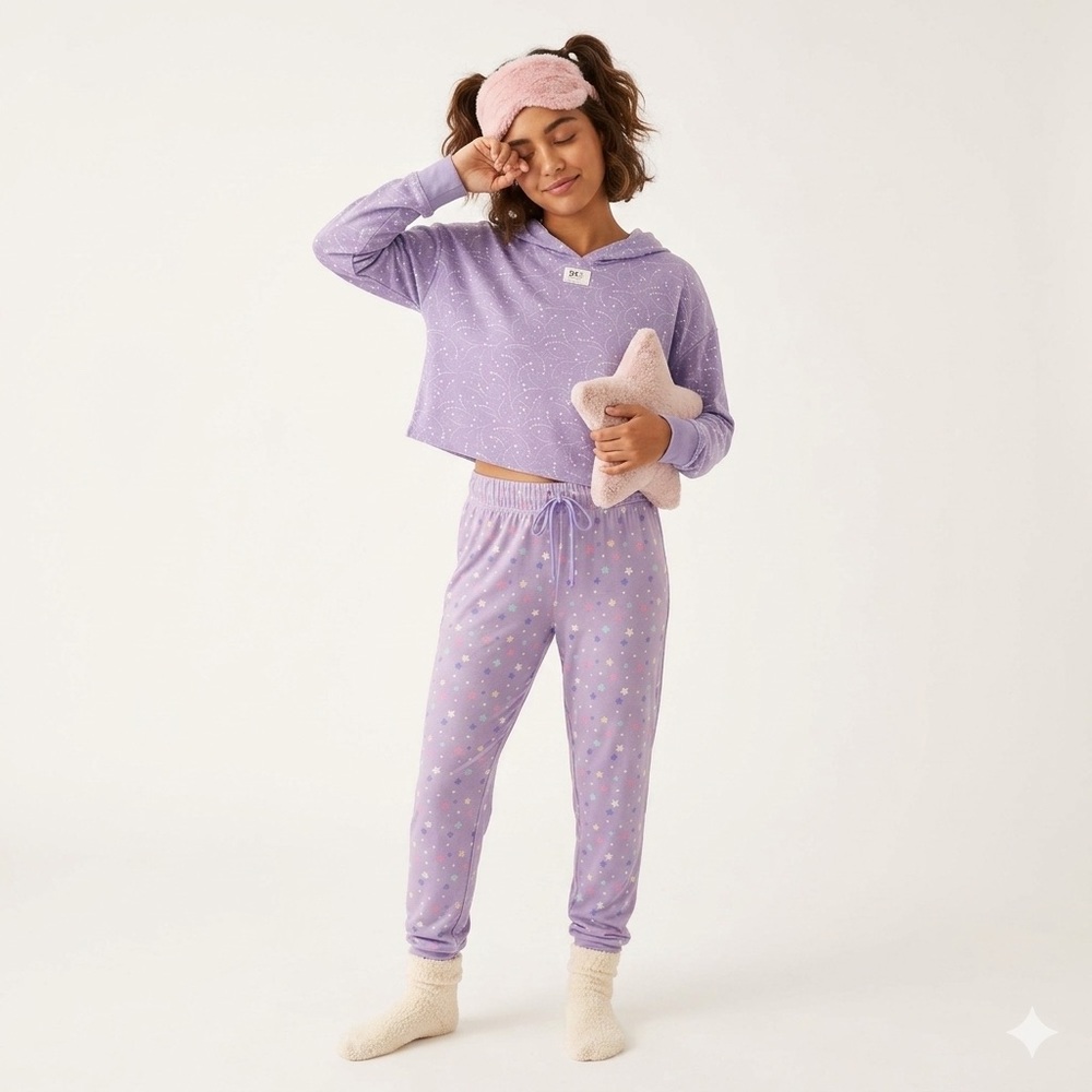 6. Starry Eyed Sleepy Girl Purple Pajama Set with Bra Bundle